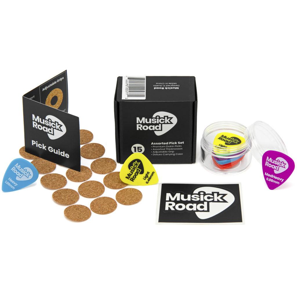 Set of 15 Musick Road brand Delrin Guitar Picks With Adjustable Grip and Case. Assorted Color-Coded Thicknesses.