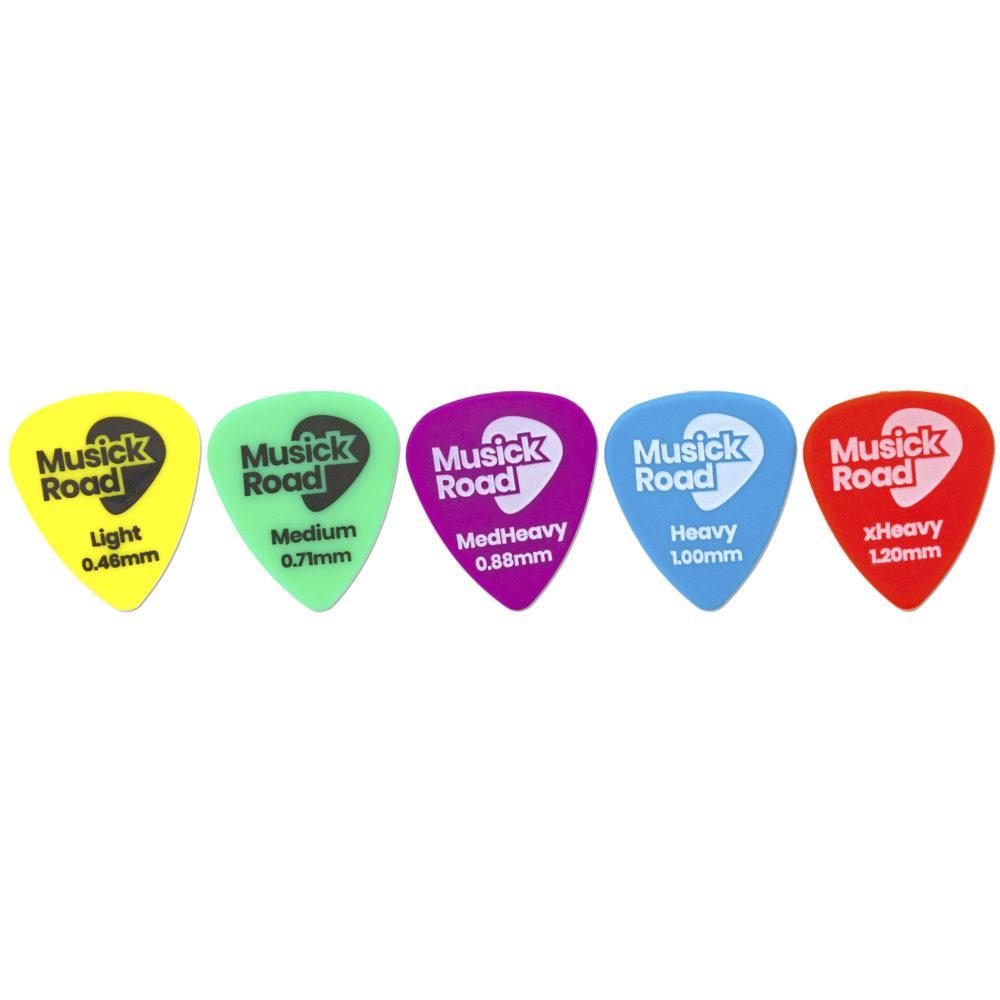 Set of 15 Delrin Guitar Picks With Adjustable Grip and Case. Assorted Color-Coded Thicknesses.
